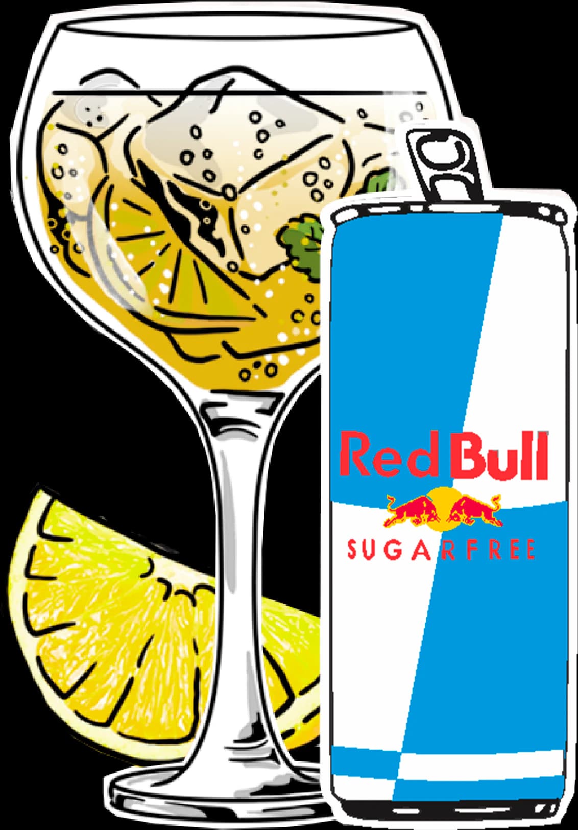 Red Bull Sugarfree ilustrada junto a un trago con limón y hielo