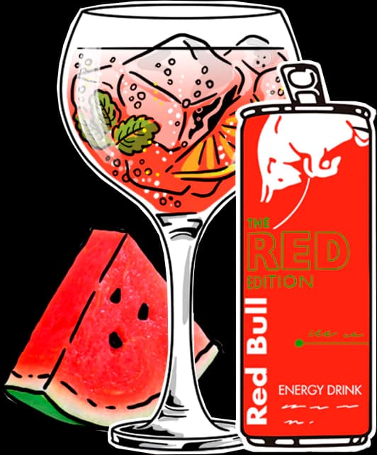 Red Bull Red Edition ilustrada junto a un trago con sandía